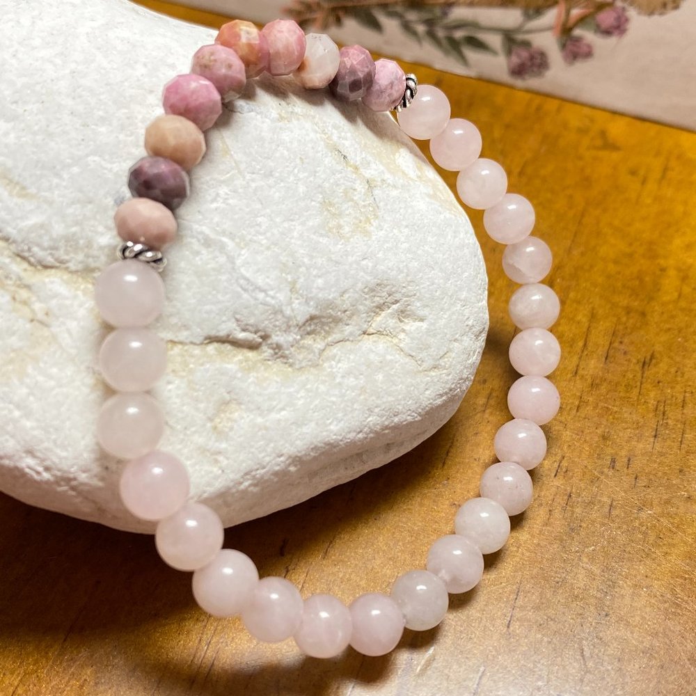 Natural Rhodonite & Rose Quartz Handcrafted Gemstone Stacking Bead Bracelet